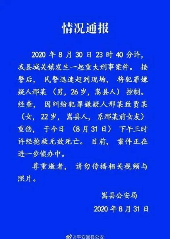 嵩县警方通报男子当街打死前女友，具体是什么情况？