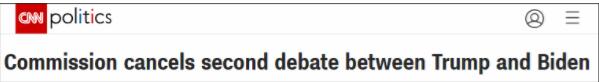 特朗普油盐不进,拒绝视频 第二场总统辩论取消! 特朗普油盐不进,拒绝视频 第二场总统辩论取消!