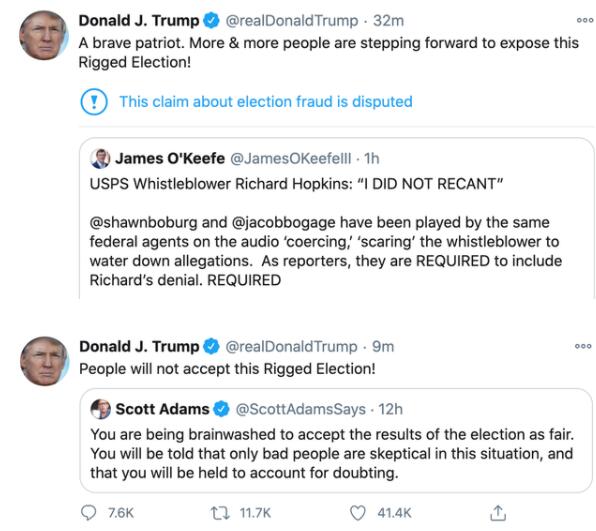 特朗普宣称美国大选“被操纵” 检举者是勇敢的爱国者