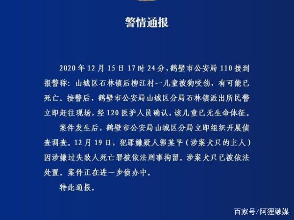 儿童被狗咬伤致死 狗主人被刑拘 涉案犬只已被依法处置