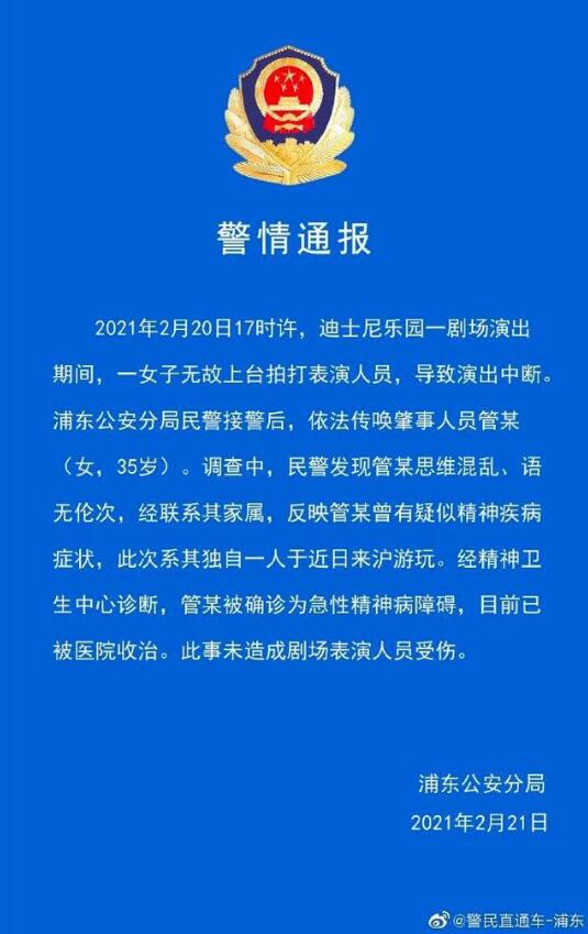 上海迪士尼游客上台殴打辱骂表演者 警方：肇事人员被确诊为急性精神病障碍，目前已被医院收治