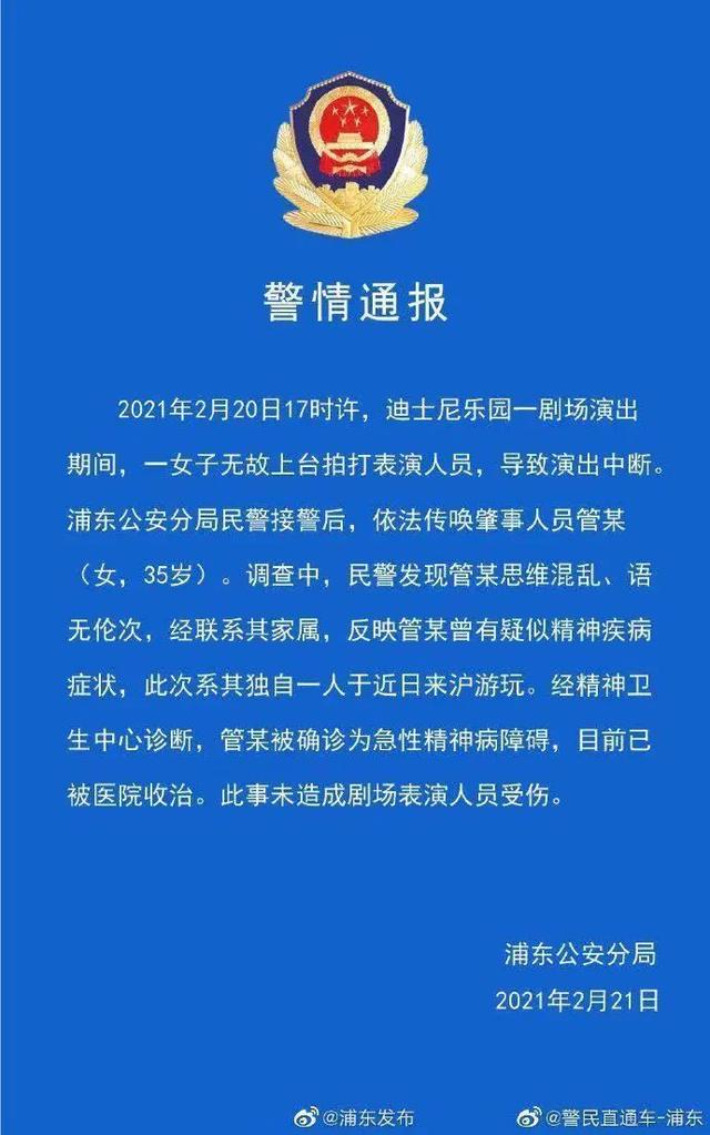 警方通报上海迪士尼游客殴打演员 打人女子得了急性精神病