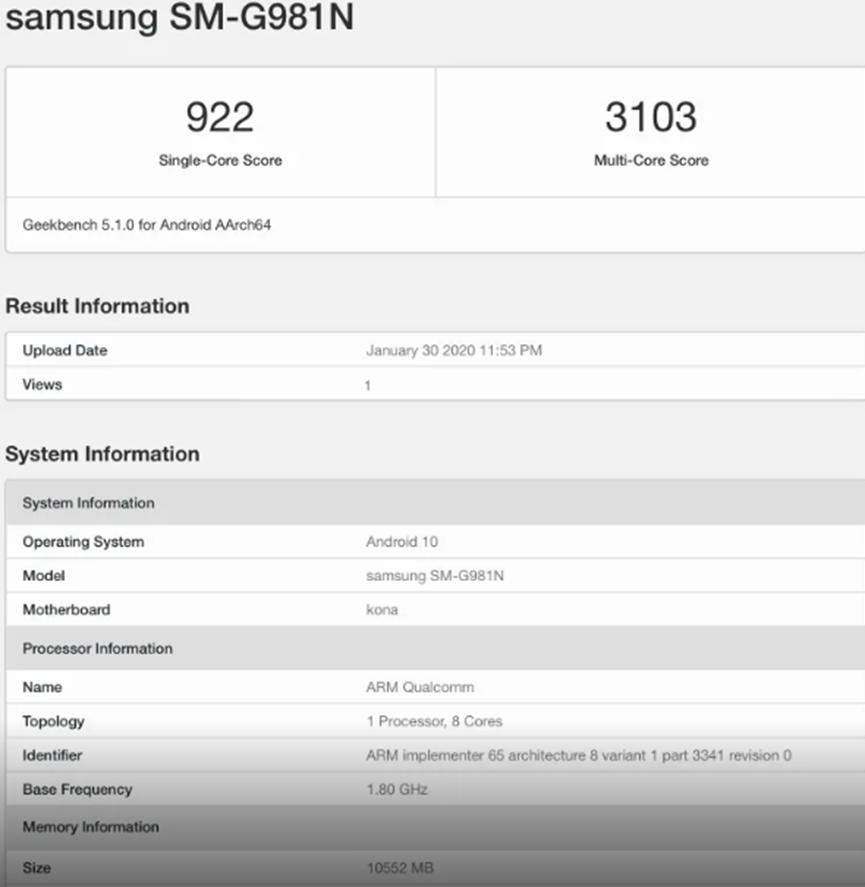 在Geekbench上发现带有Snapdragon 865处理器的三星Galaxy S20系列