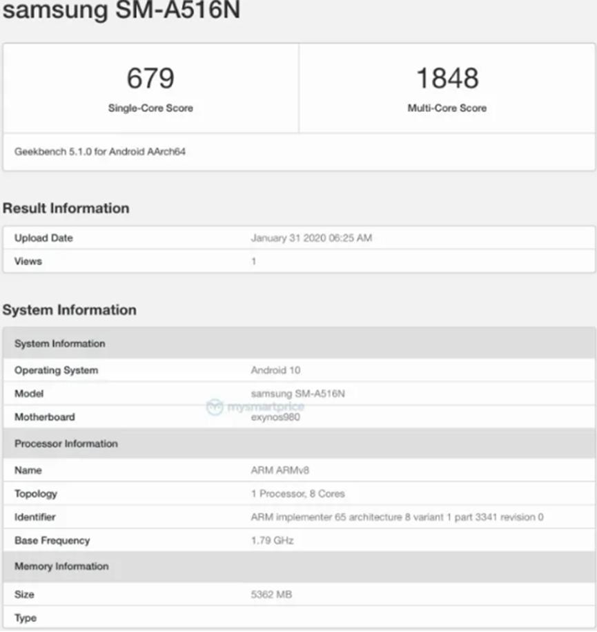 带有Exynos 980和6GB RAM的三星Galaxy A51 5G出现在Geekbench