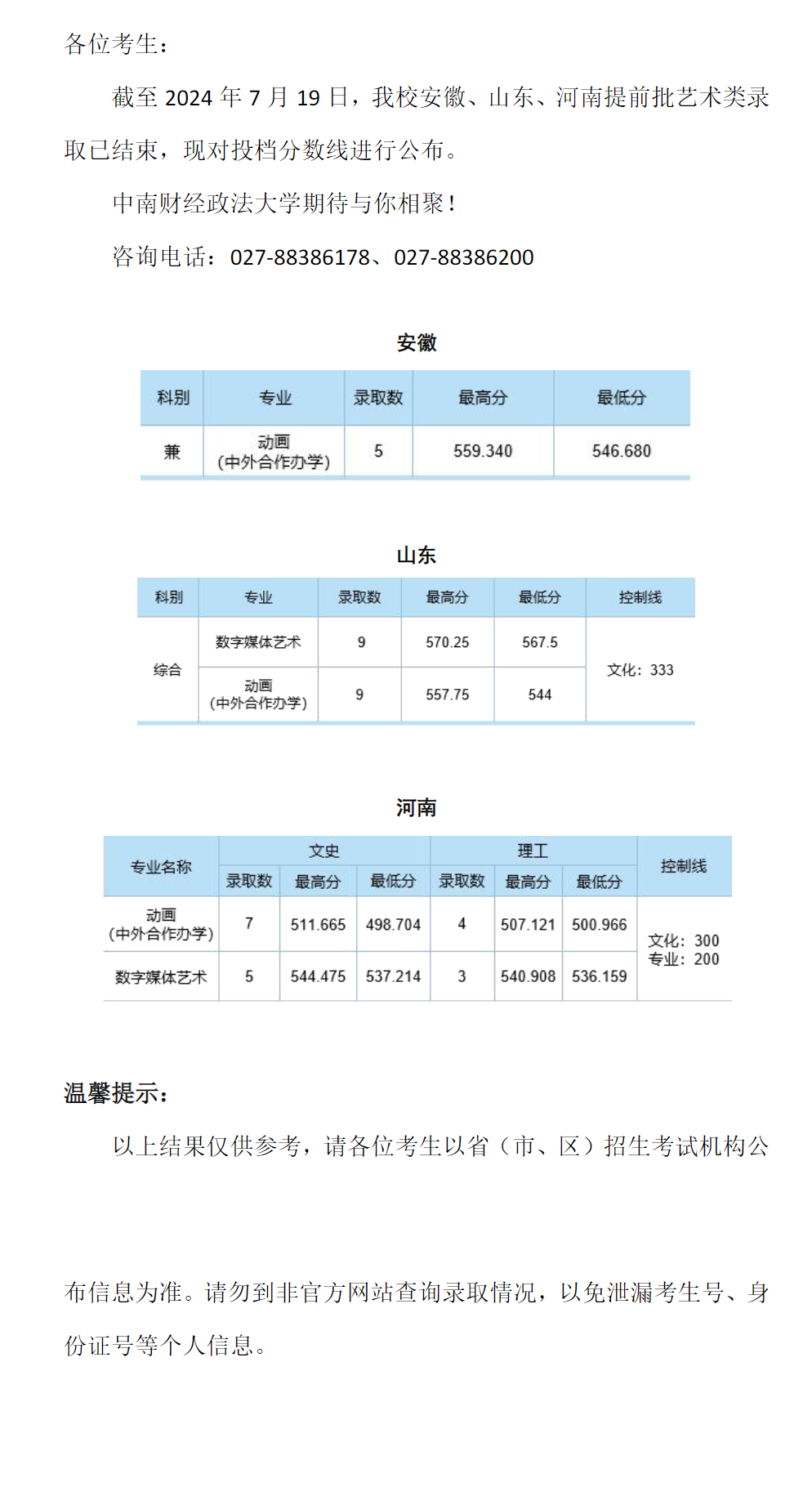 中南财经政法大学2024年本科招生录取分数线（安徽、山东、河南提前批艺术类）